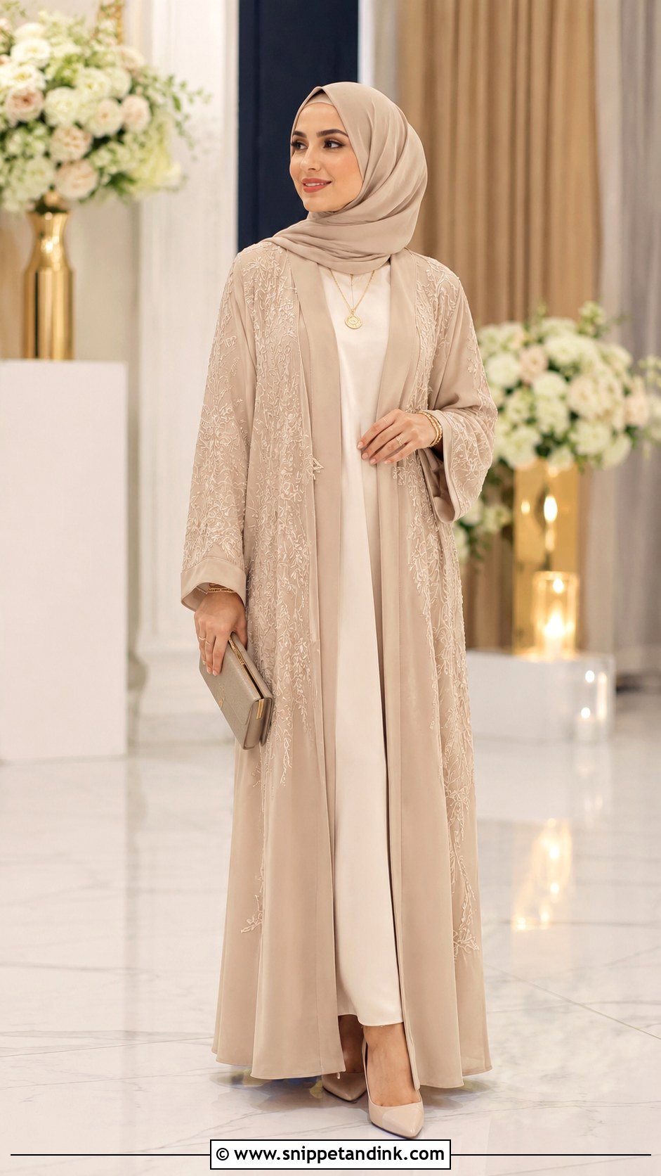 Beige Abaya Wedding Guest Outfit - Snippet and Ink - 25 Abaya Wedding Dress Ideas