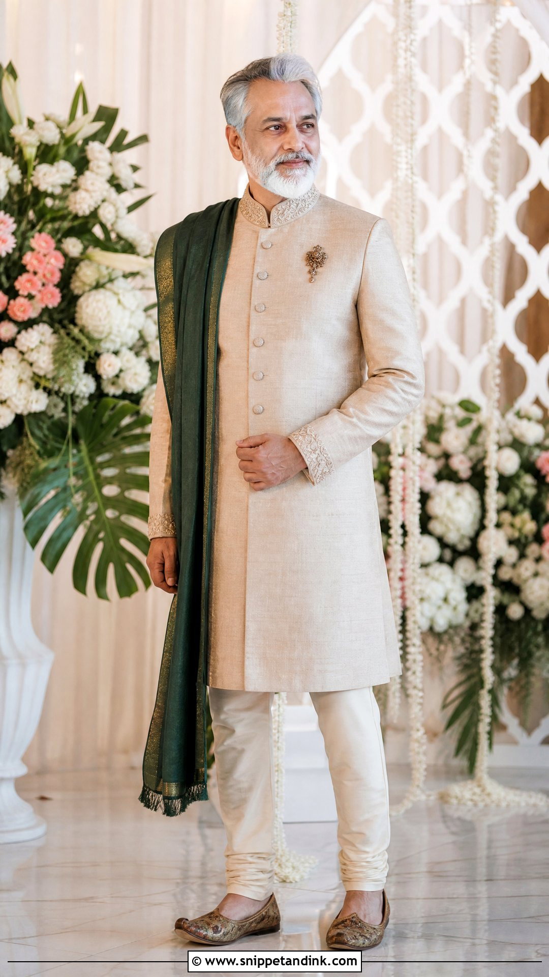 Beige Achkan With Churidar - Snippet and Ink - 20 Father Dress for Indian Wedding Ideas
