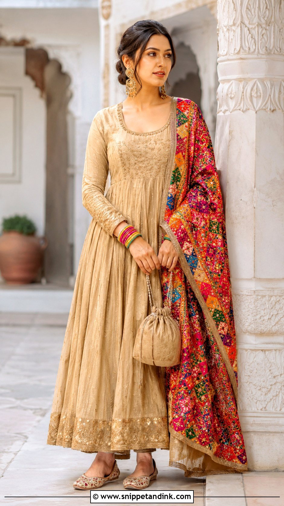 Beige Anarkali Dress With Phulkari Dupatta - Snippet and Ink - 20 Anarkali Dress with Dupatta Ideas