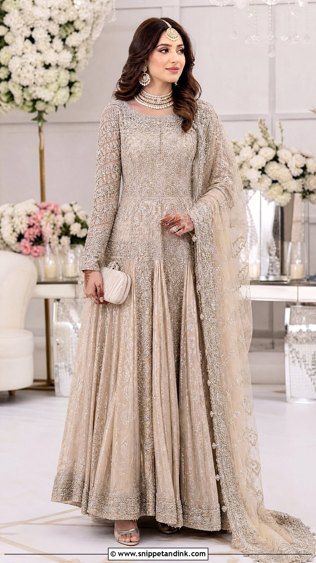 Beige And Silver Pakistani Bridal Walima Maxi - Snippet and Ink - 20 Pakistani Bridal Walima Maxi Ideas