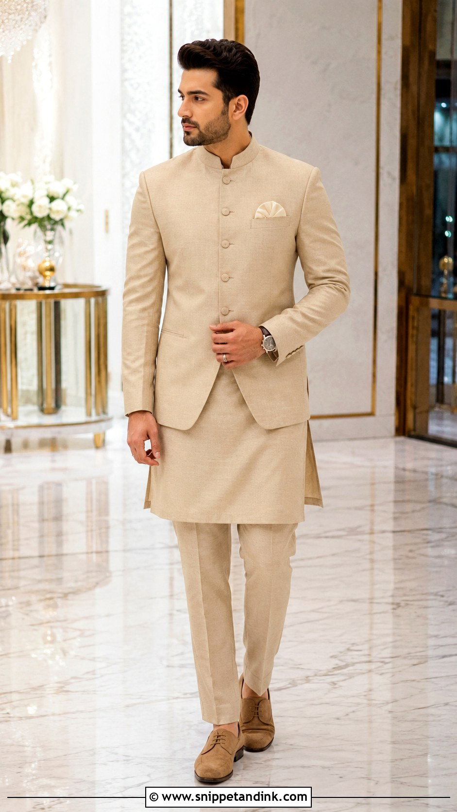 Beige Bandhgala Wedding Outfit - Snippet and Ink - 25 Ranbir Kapoor Wedding Outfit Ideas