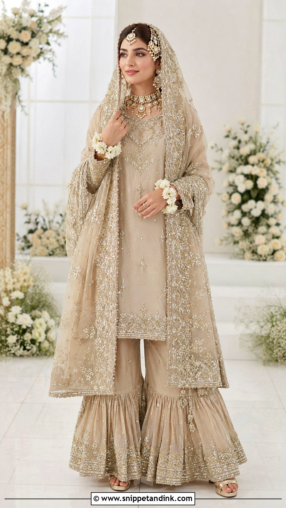 Beige Bridal Sharara With Zardozi Work - Snippet and Ink - 30 Indian Muslim Bridal Dress Ideas