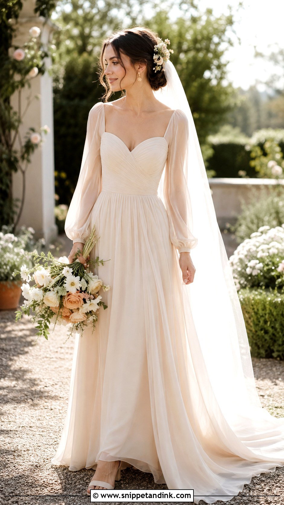 Beige Chiffon Bridal Dress With Sleeves - Snippet and Ink - 20 Beige Bridal Dress Ideas