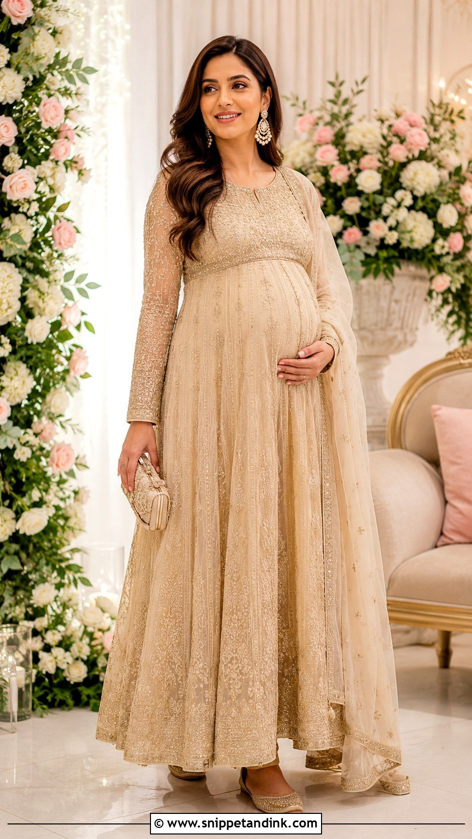 Beige Embroidered Anarkali Godh Bharai Outfit - Snippet and Ink - 25 Godh Bharai Outfit Ideas