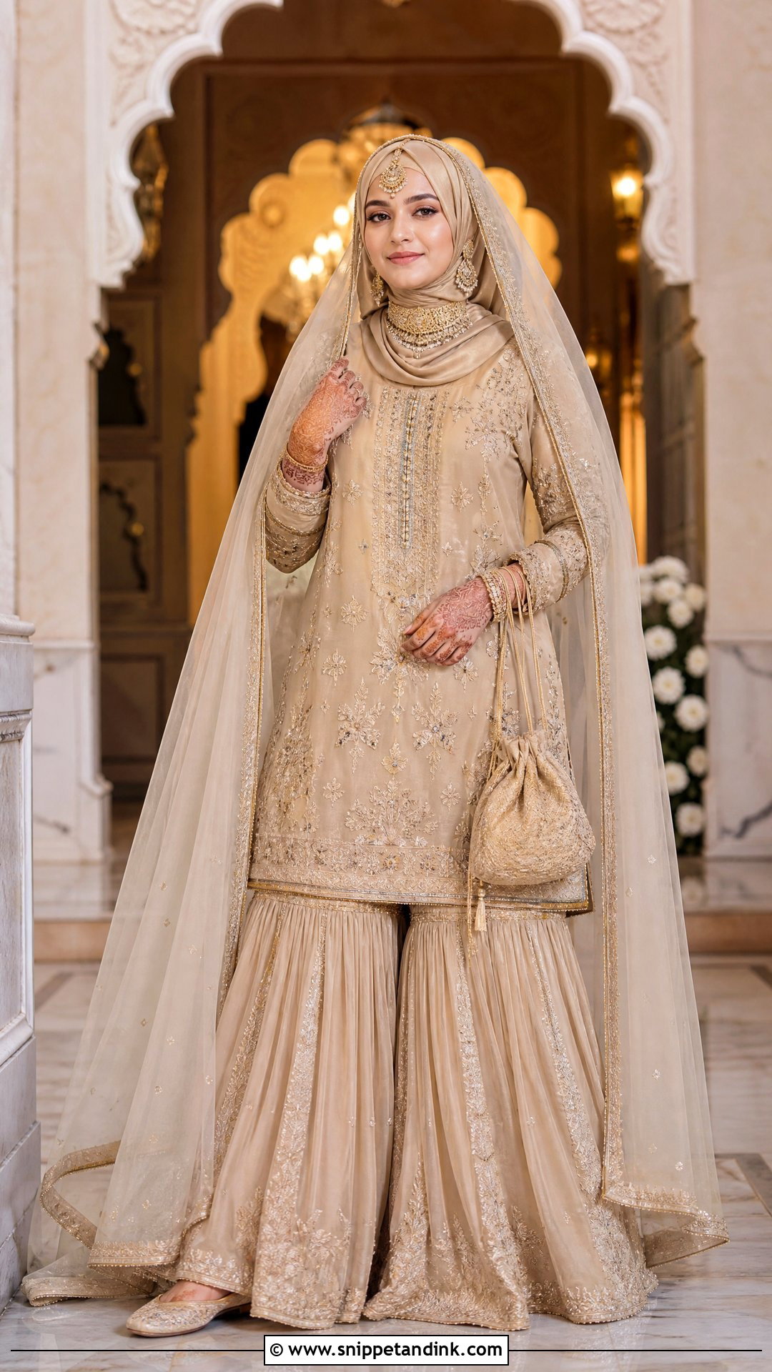 Beige Farshi Gharara Hijab Dulhan Look - Snippet and Ink - 20 Hijab Dulhan Ideas