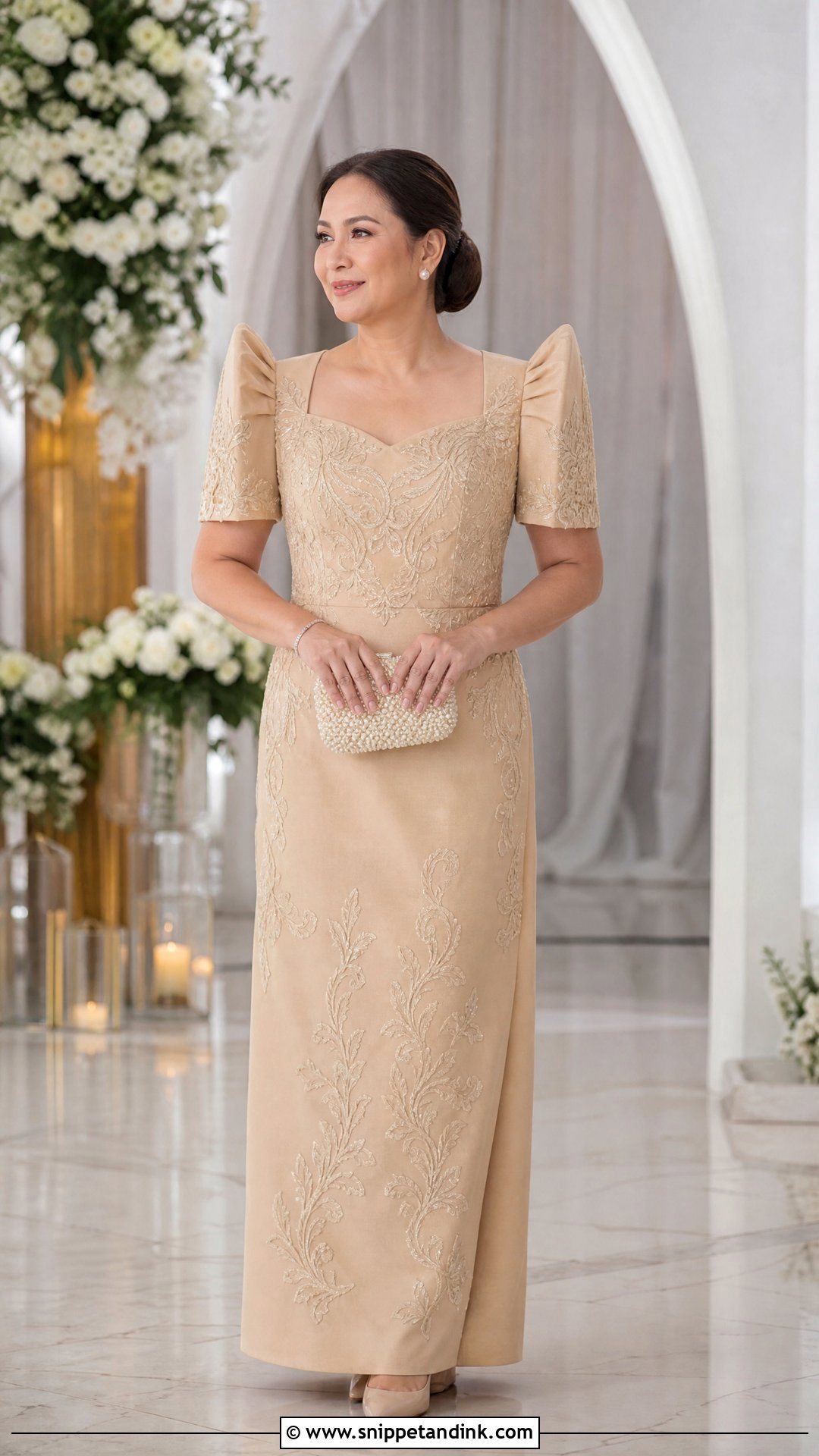 Beige Filipiniana Wedding Sponsor Terno Dress - Snippet and Ink - 20 Wedding Sponsors Outfit Ideas