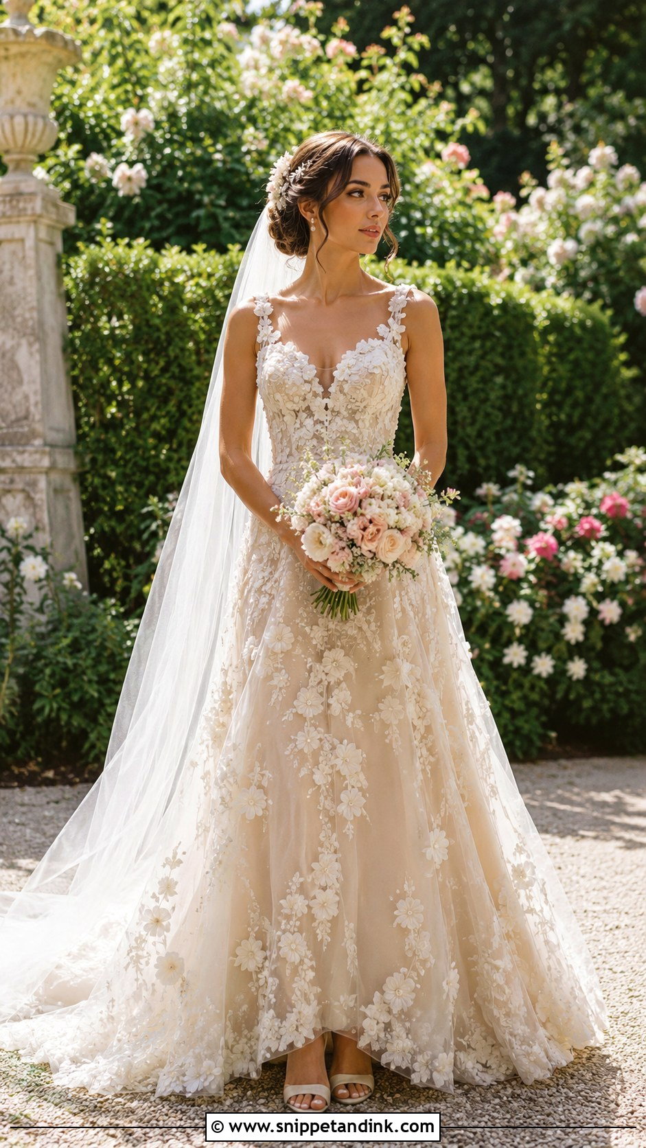 Beige Floral Applique Bridal Dress - Snippet and Ink - 20 Beige Bridal Dress Ideas