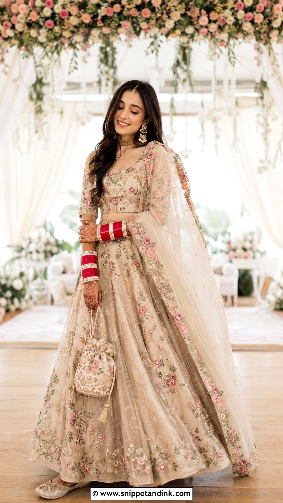 Beige Floral Lehenga Choora Ceremony Outfit - Snippet and Ink - 20 Choora Ceremony Outfit Ideas