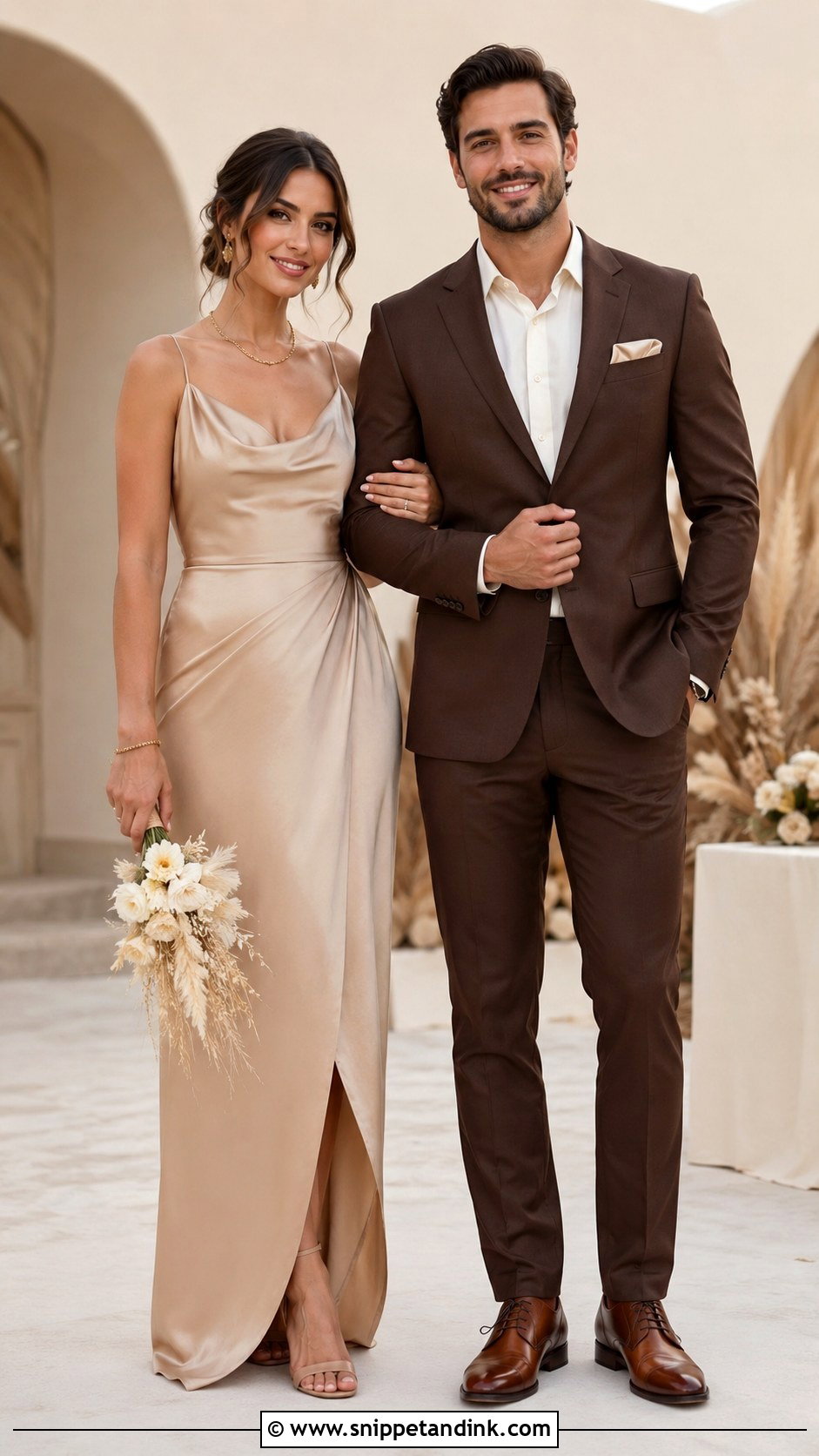 Beige Gown And Brown Suit Wedding Couple Dress Combination - Snippet and Ink - 25 Wedding Couple Dress Combination Ideas