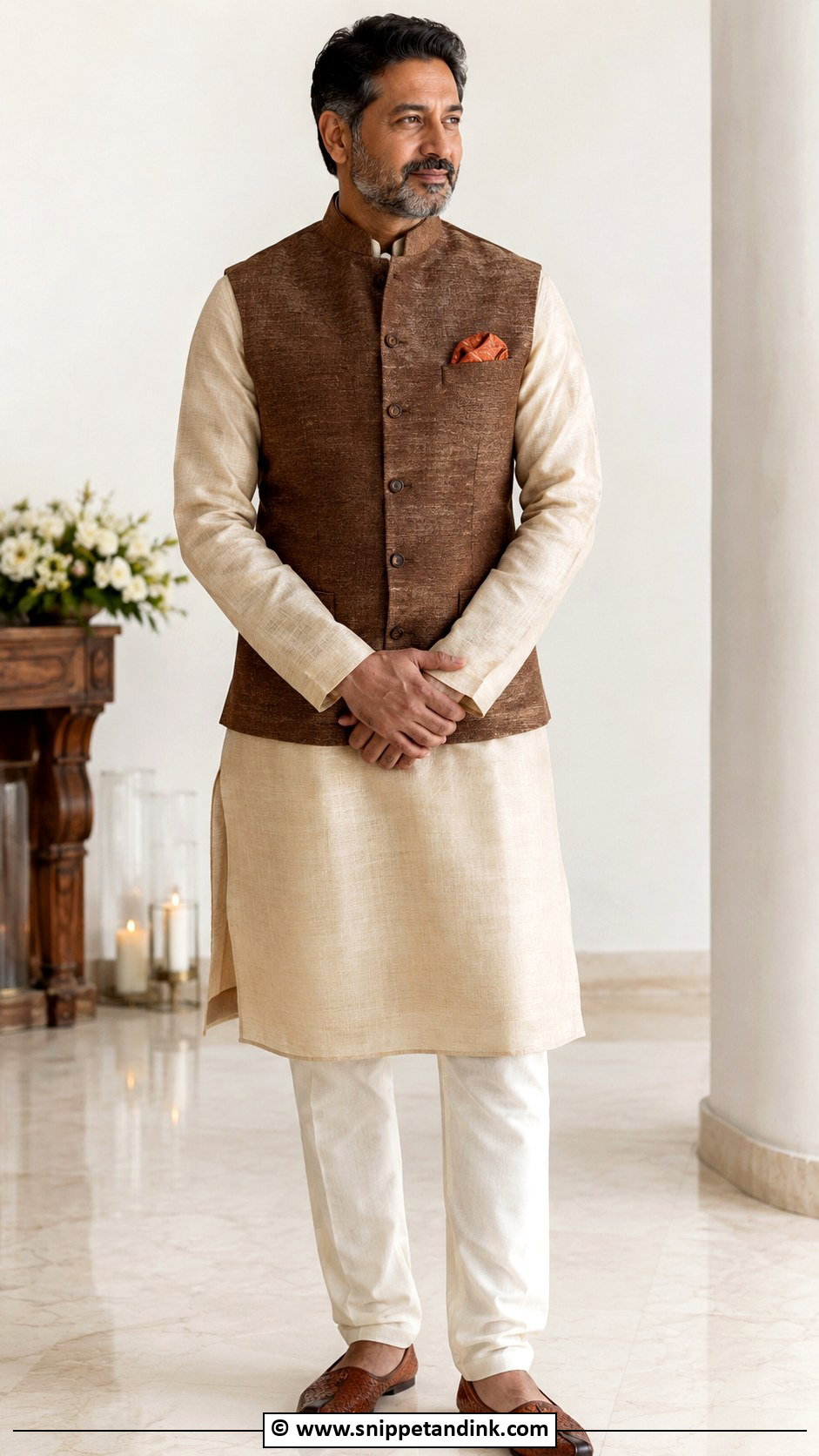 Beige Kurta With Brown Waistcoat - Snippet and Ink - 25 Indian Bride's Father Outfit Ideas
