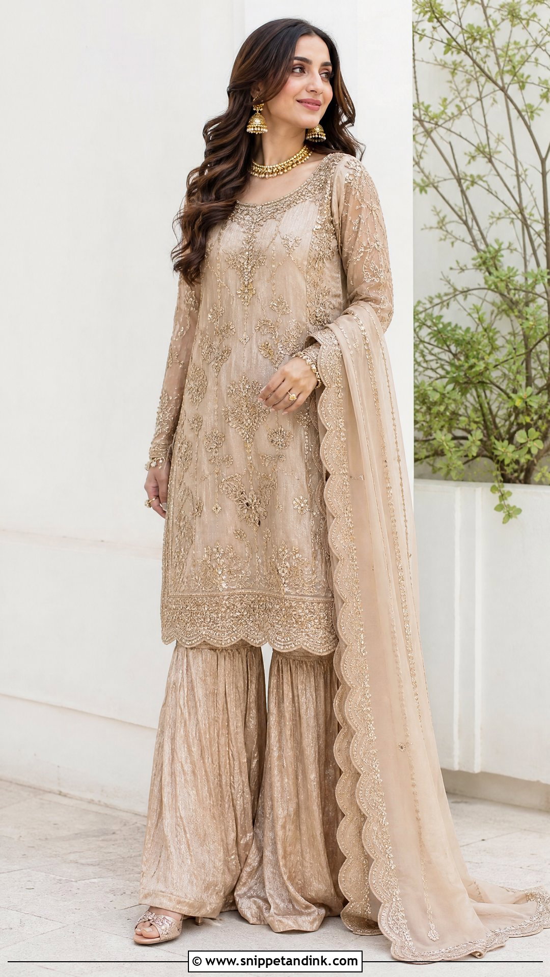 Beige Long Shirt With Crushed Sharara - Snippet and Ink - 25 Pakistani Long Shirt Wedding Dress Ideas