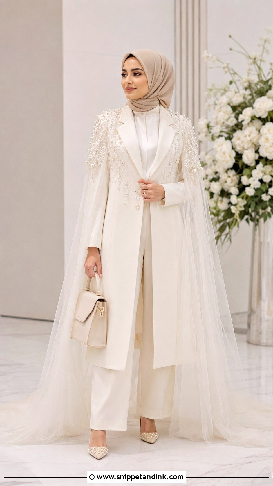 Beige Nikah Hijab With Tailored Suit - Snippet and Ink - 20 Nikah Hijab Style Ideas