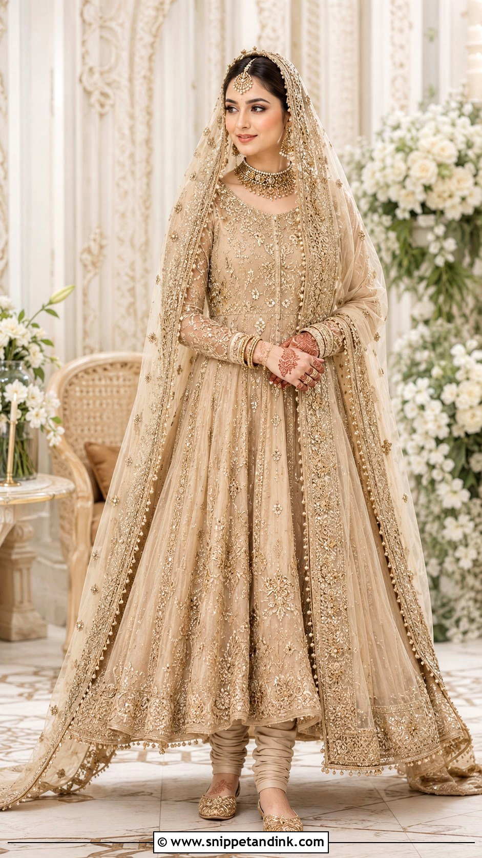 Beige Nikah Peshwas With Churidar Pajama - Snippet and Ink - 25 Pakistani Nikah Bridal Wear Ideas