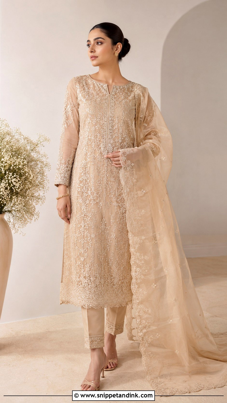 Beige Nikkah Dress With Organza Dupatta - Snippet and Ink - 25 Simple Nikkah Dress Ideas