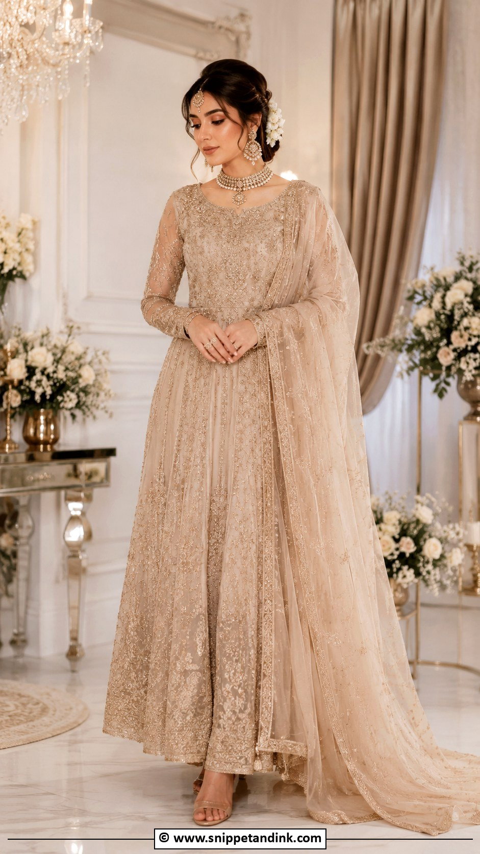 Beige Nikkah Gown With Embroidered Dupatta - Snippet and Ink - 30 Pakistani Nikkah Dress Ideas