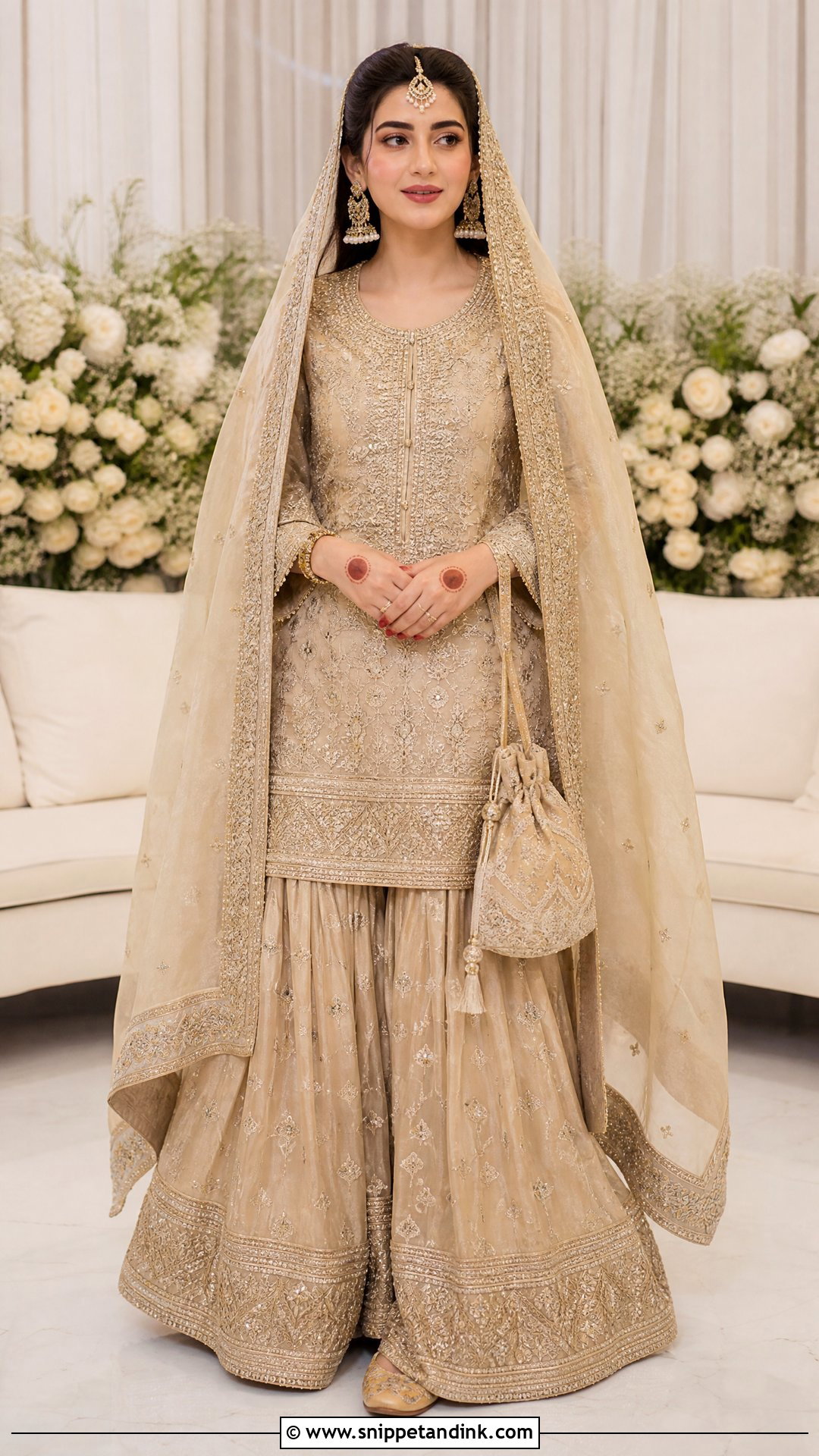 Beige Nikkah Sharara With Antique Gold Work - Snippet and Ink - 20 Nikkah Sharara Ideas