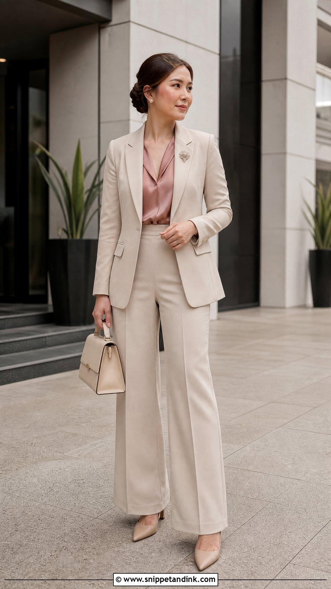 Beige Ninang Pantsuit With Silk Blouse - Snippet and Ink - 20 Ninang Outfit for Wedding Ideas