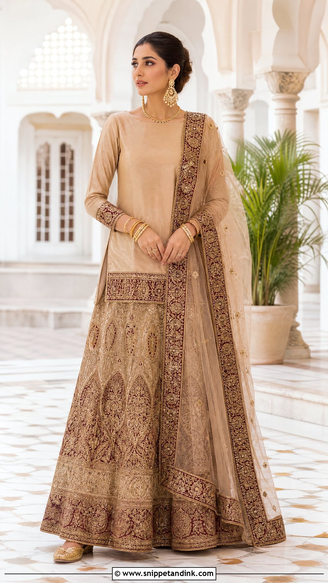 Beige Pakistani Bridal Jamawar Lehenga - Snippet and Ink - 20 Simple Pakistani Bridal Dresses