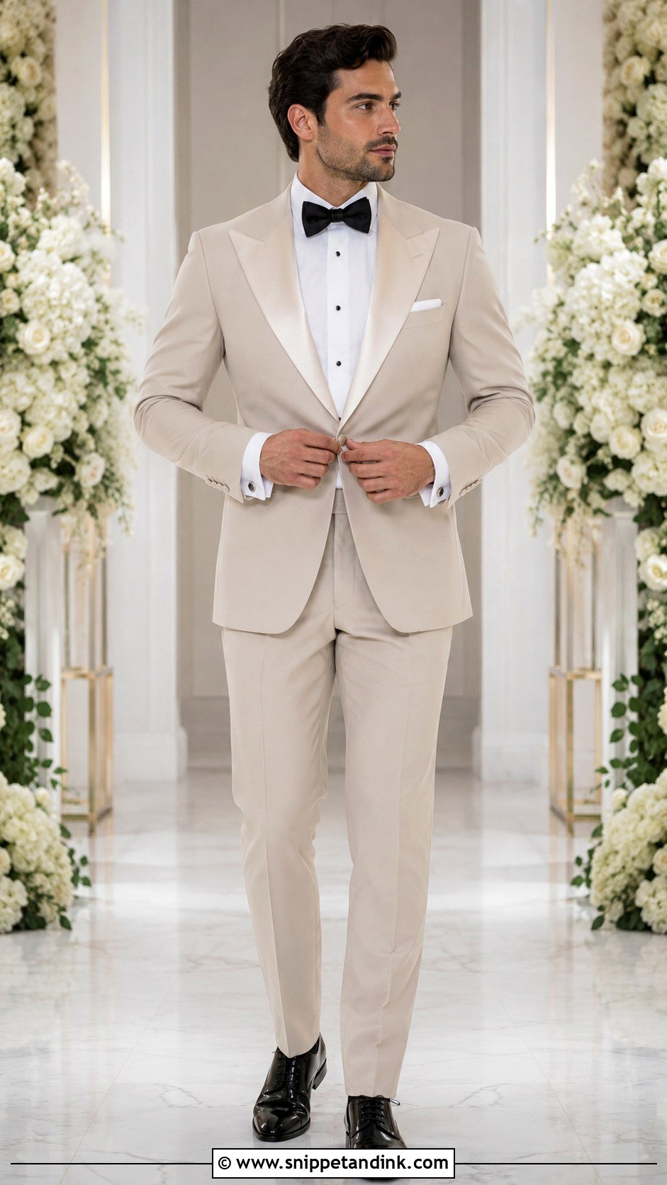 Beige Peak Lapel Tuxedo - Snippet and Ink - 20 Beige Tuxedo Wedding Ideas