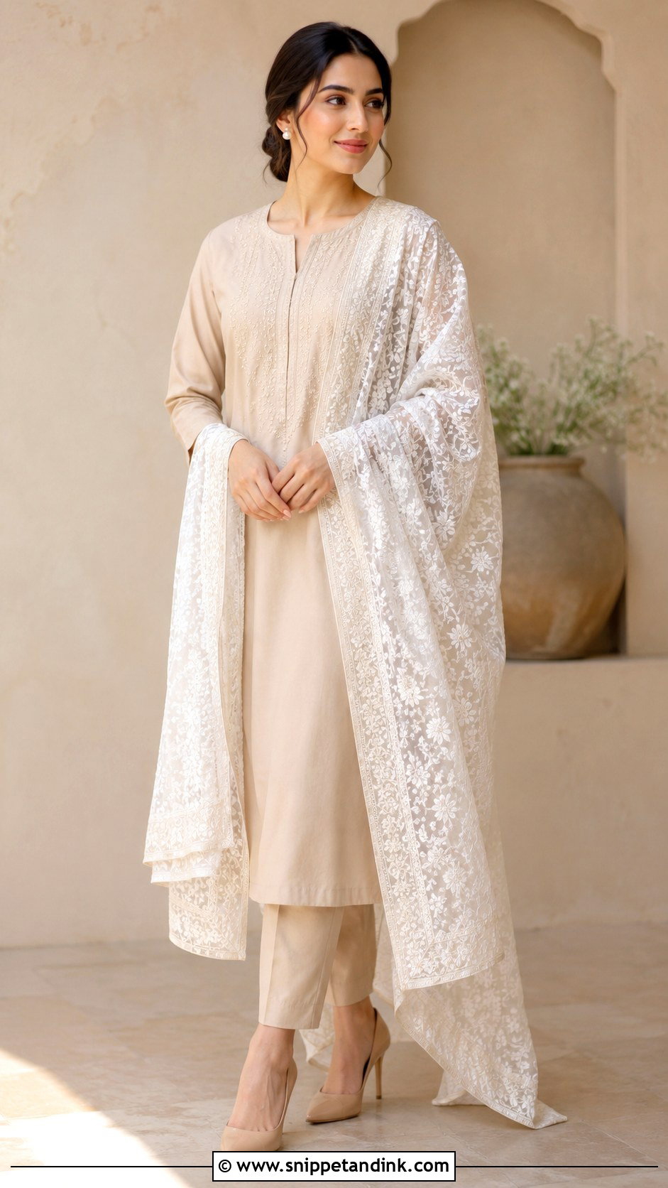 Beige Plain Suit With Heavy Chikankari Dupatta - Snippet and Ink - 30 Plain Suit with Heavy Dupatta Ideas