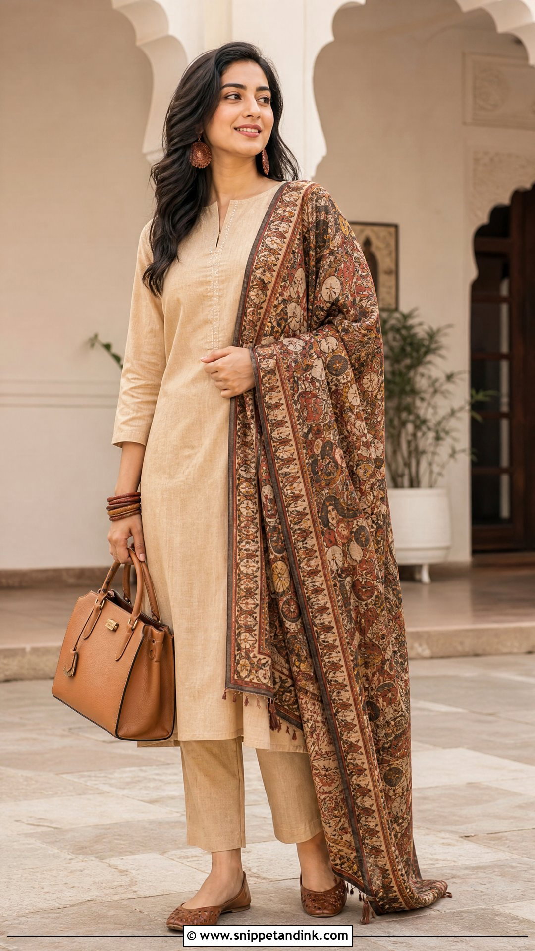 Beige Plain Suit With Kalamkari Dupatta - Snippet and Ink - 20 Plane Suit with Heavy Dupatta Ideas