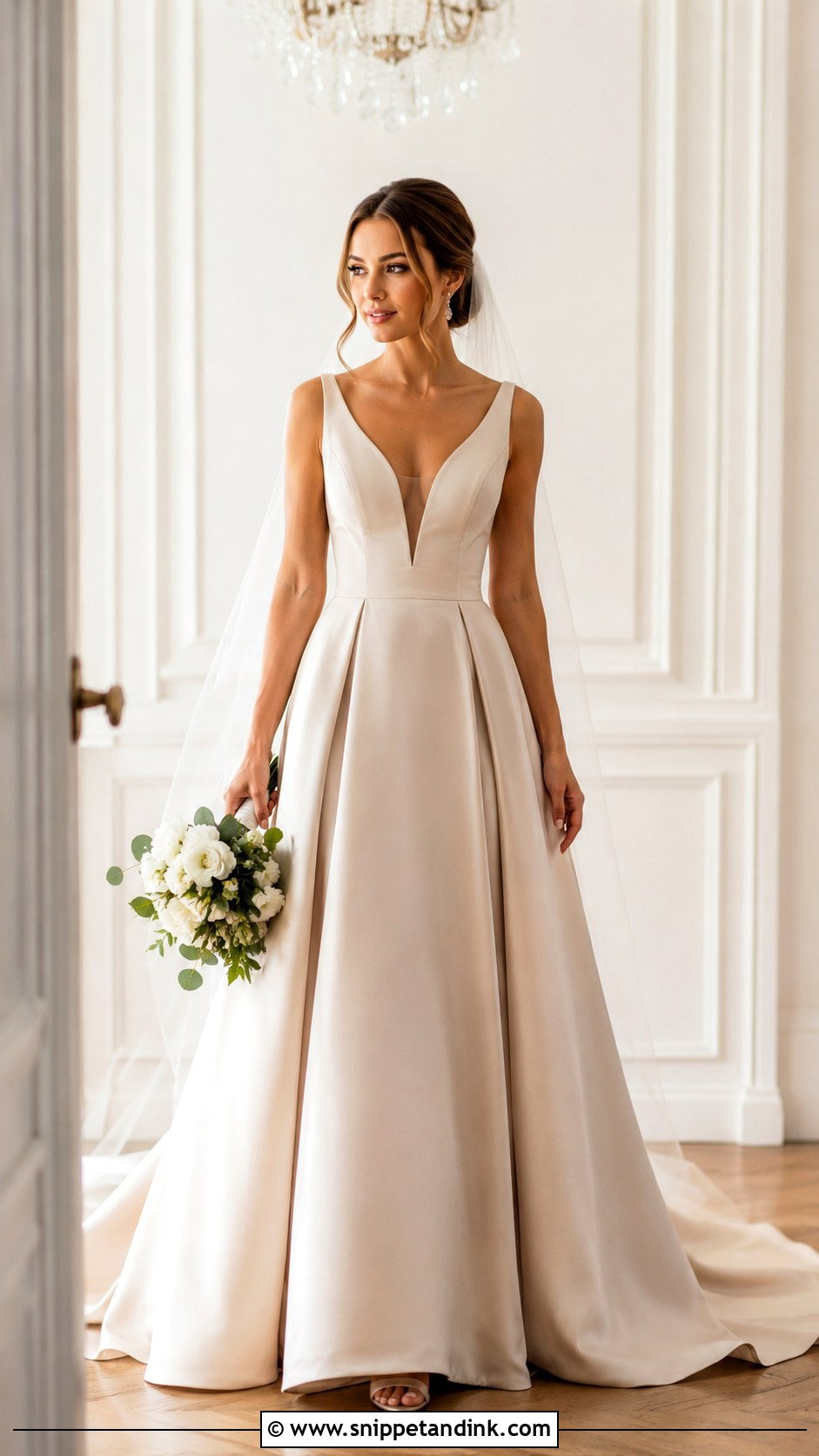 Beige Plunging Neckline Wedding Dress - Snippet and Ink - 30 Beige Wedding Dress Ideas