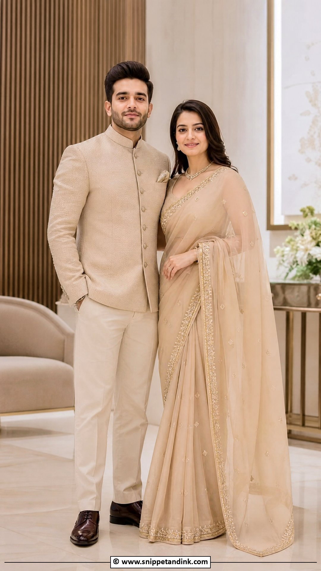 Beige Saree And Beige Bandhgala - Snippet and Ink - 35 Indian Couple Matching Dress Ideas