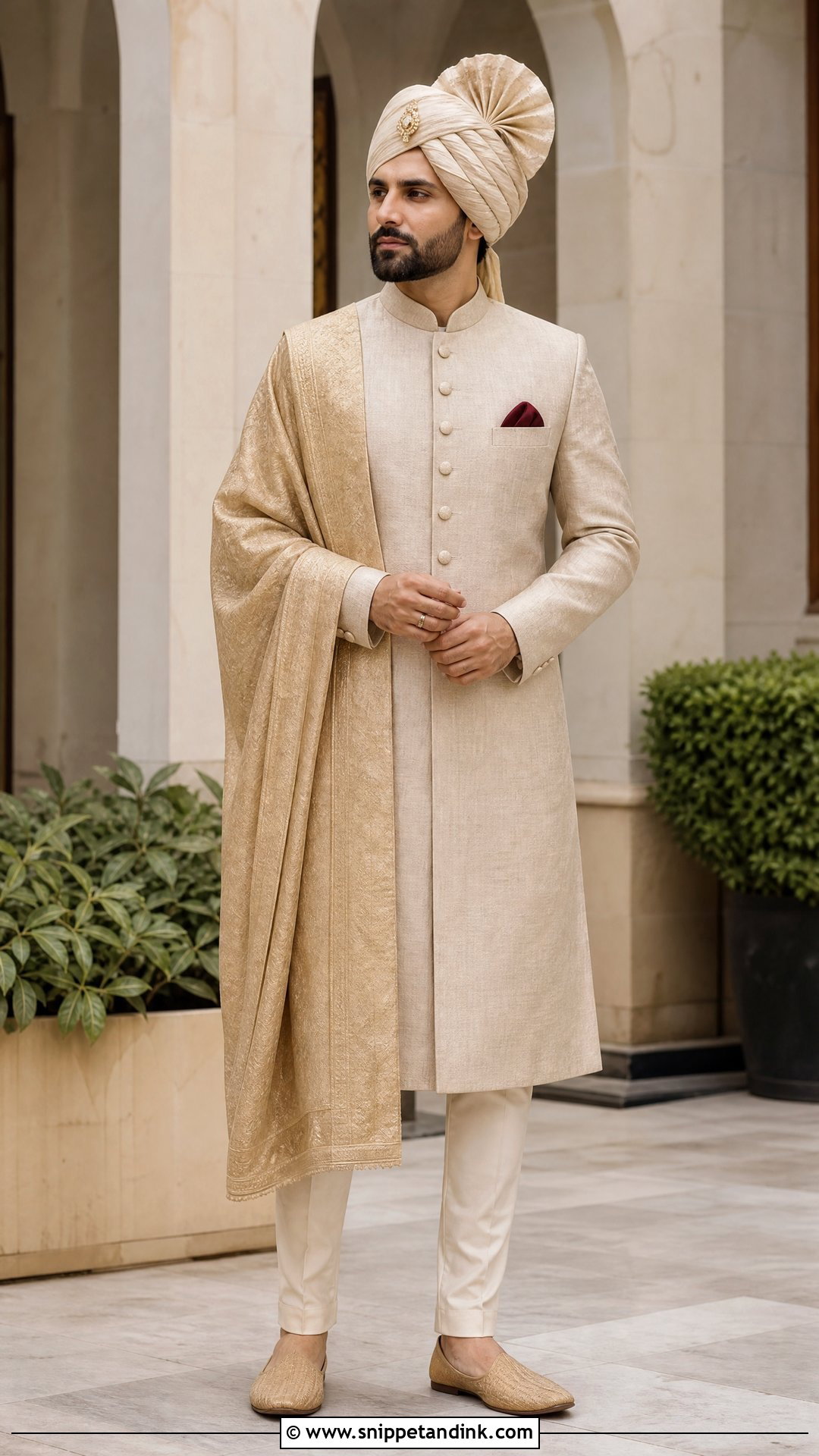 Beige Sherwani With Straight Trousers - Snippet and Ink - 20 Sherwani Wedding Ideas
