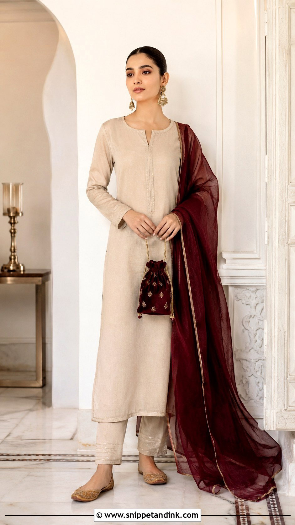 Beige Straight Kurta With Maroon Dupatta - Snippet and Ink - 20 Maroon Dupatta Combination Ideas