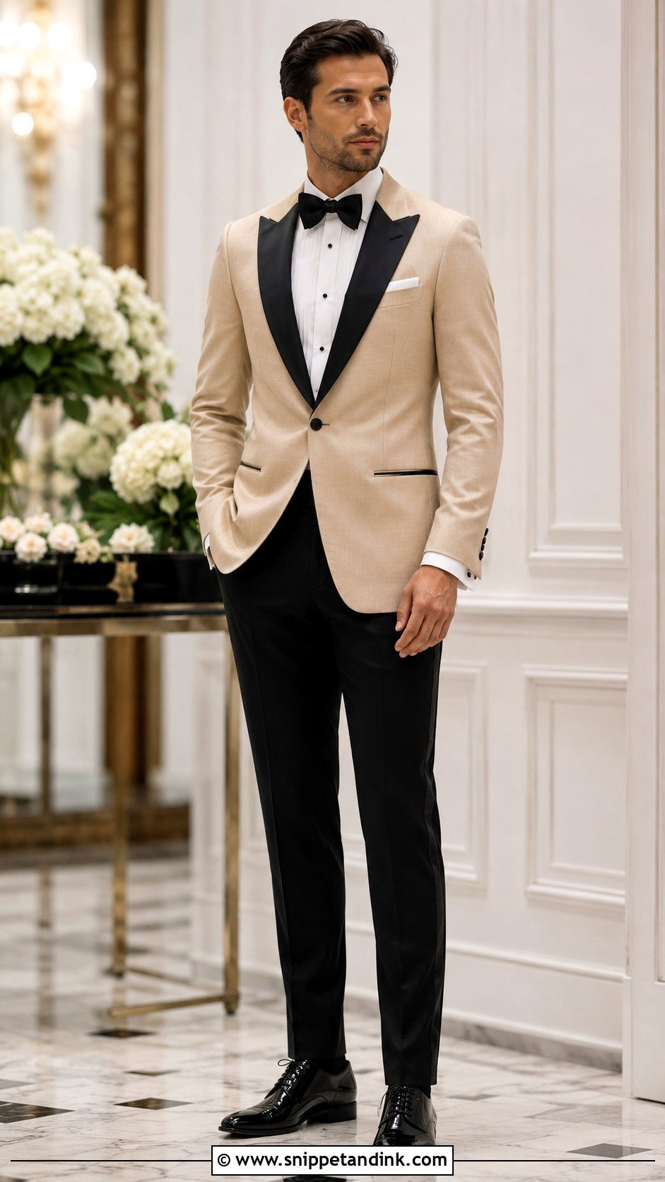 Beige Tuxedo Jacket With Black Trousers - Snippet and Ink - 20 Beige Tuxedo Wedding Ideas