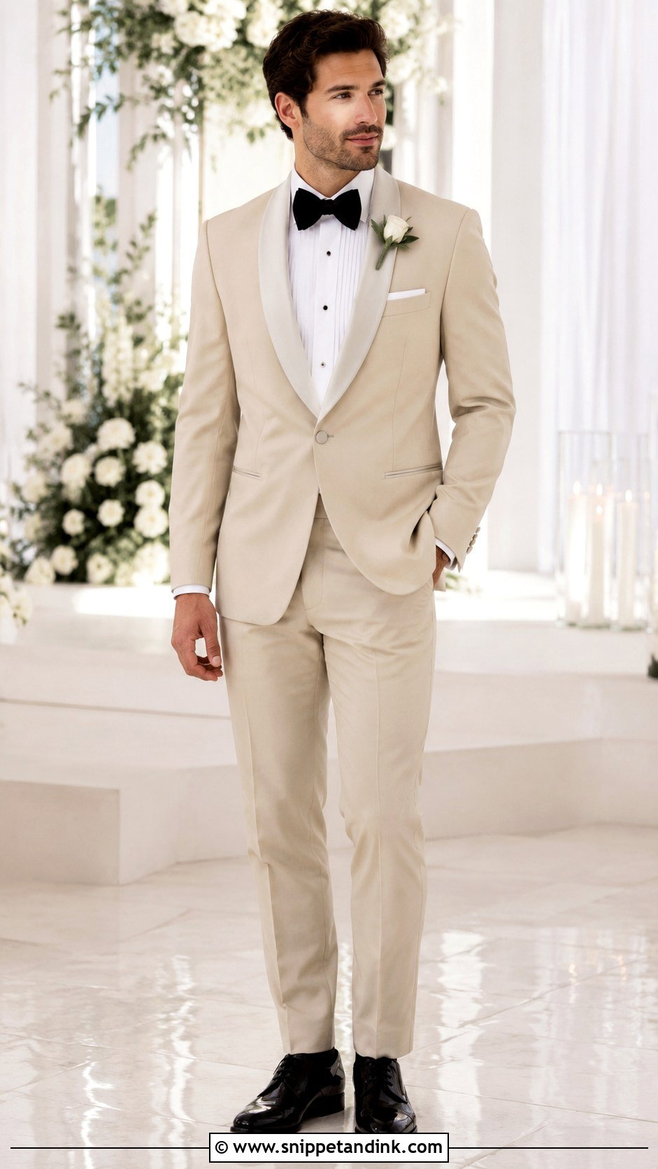 Beige Tuxedo With Black Bow Tie - Snippet and Ink - 20 Beige Tuxedo Wedding Ideas