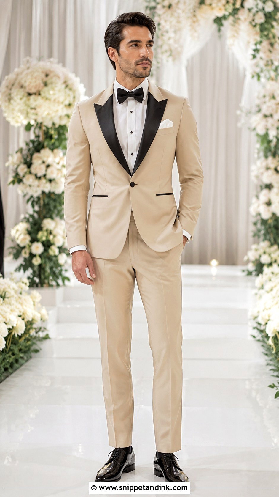 Beige Tuxedo With Black Patent Shoes - Snippet and Ink - 20 Beige Tuxedo Wedding Ideas