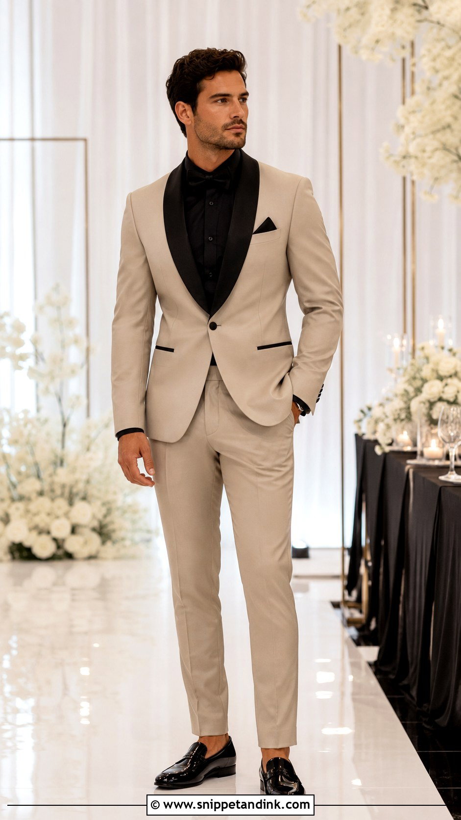 Beige Tuxedo With Black Shirt - Snippet and Ink - 20 Beige Tuxedo Wedding Ideas