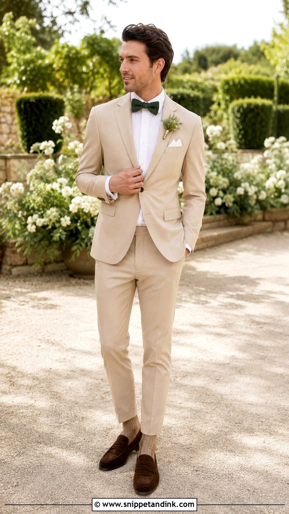 Beige Tuxedo With Brown Loafers - Snippet and Ink - 20 Beige Tuxedo Wedding Ideas
