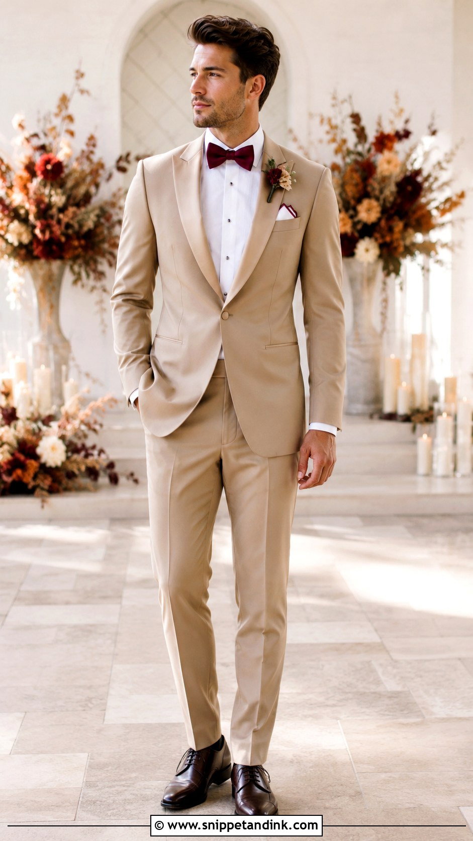 Beige Tuxedo With Burgundy Bow Tie - Snippet and Ink - 20 Beige Tuxedo Wedding Ideas