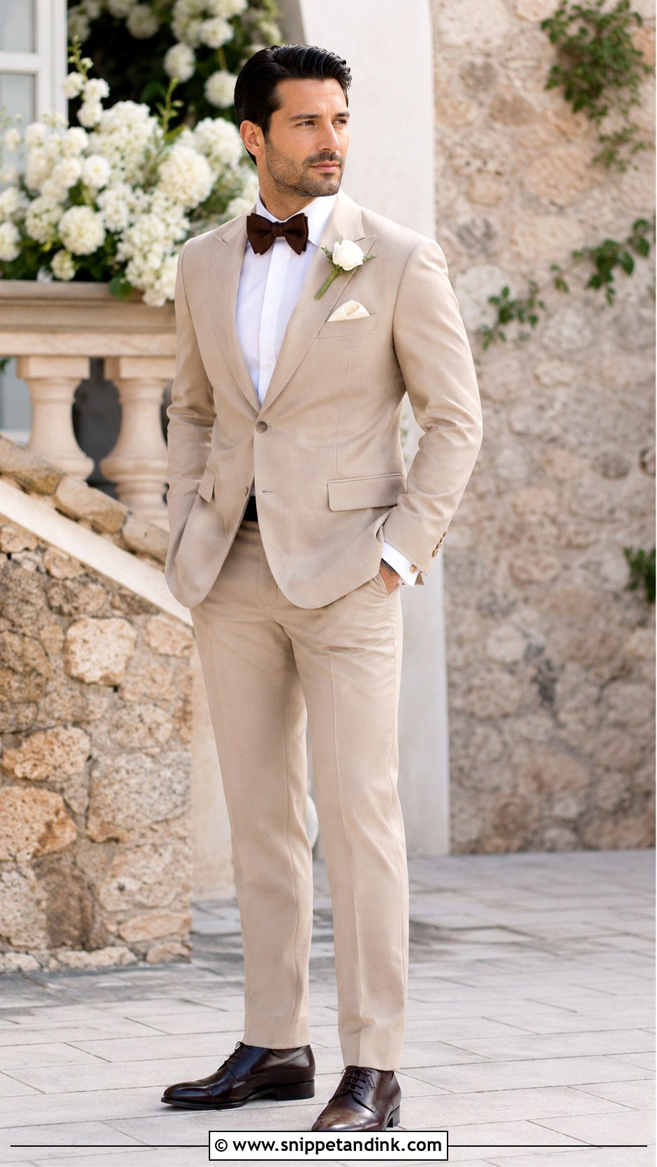 Beige Tuxedo With Chocolate Brown Tie - Snippet and Ink - 20 Beige Tuxedo Wedding Ideas