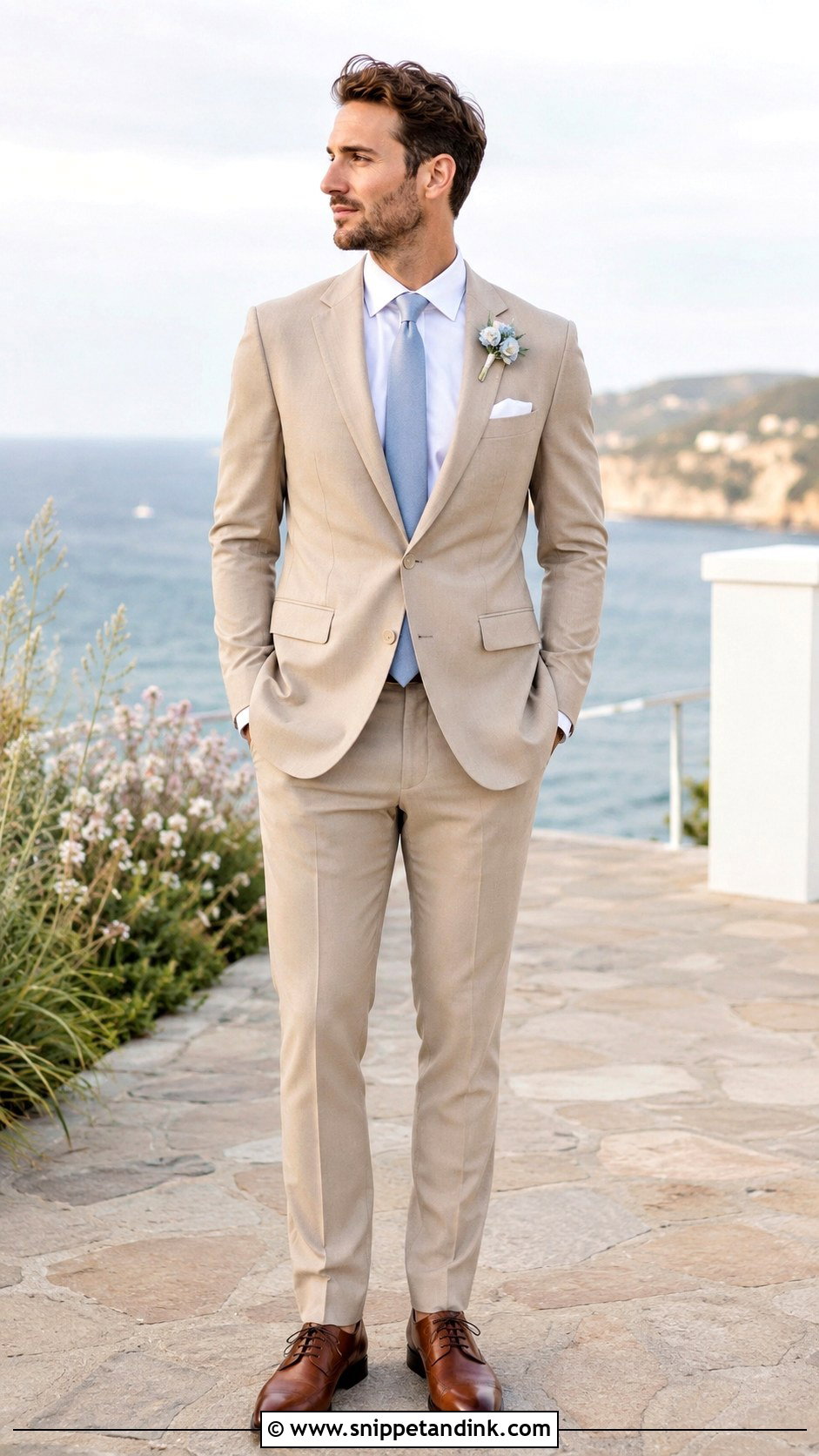 Beige Tuxedo With Dusty Blue Tie - Snippet and Ink - 20 Beige Tuxedo Wedding Ideas