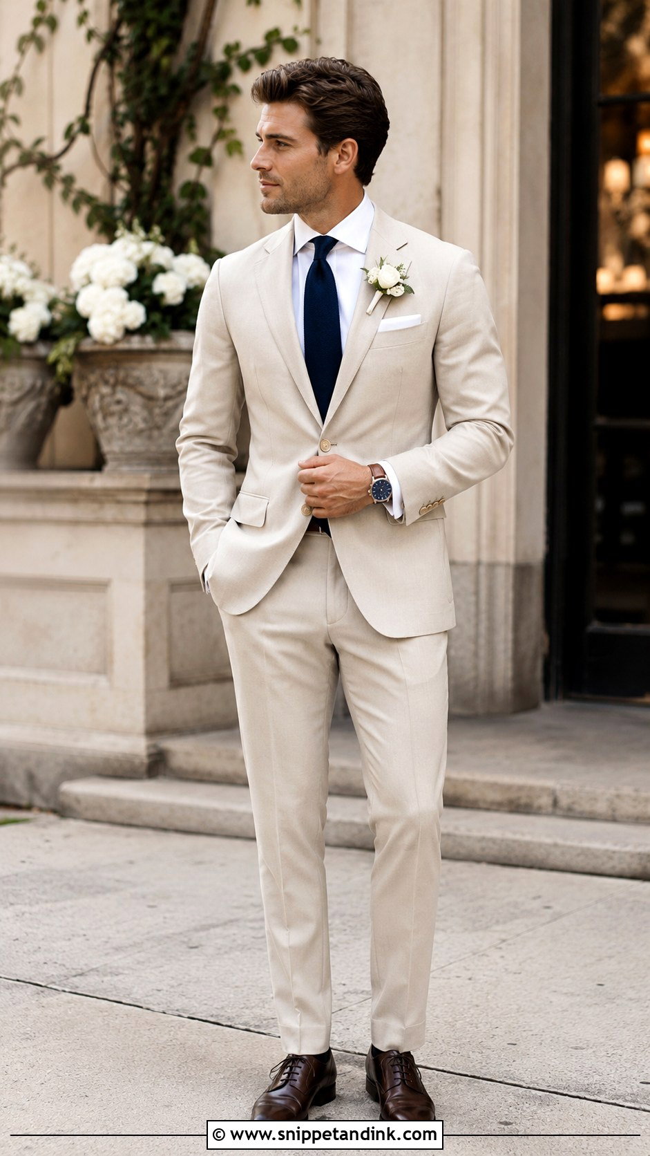 Beige Tuxedo With Navy Tie - Snippet and Ink - 20 Beige Tuxedo Wedding Ideas