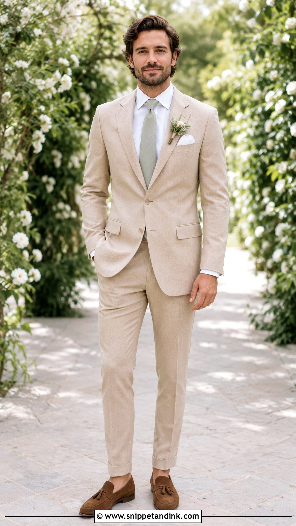 Beige Tuxedo With Sage Green Tie - Snippet and Ink - 20 Beige Tuxedo Wedding Ideas