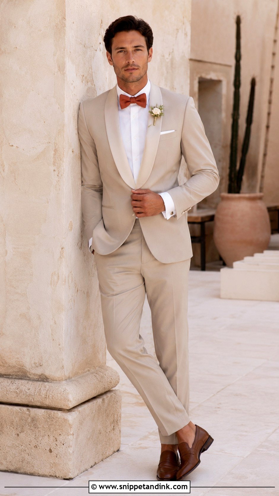 Beige Tuxedo With Terracotta Tie - Snippet and Ink - 20 Beige Tuxedo Wedding Ideas