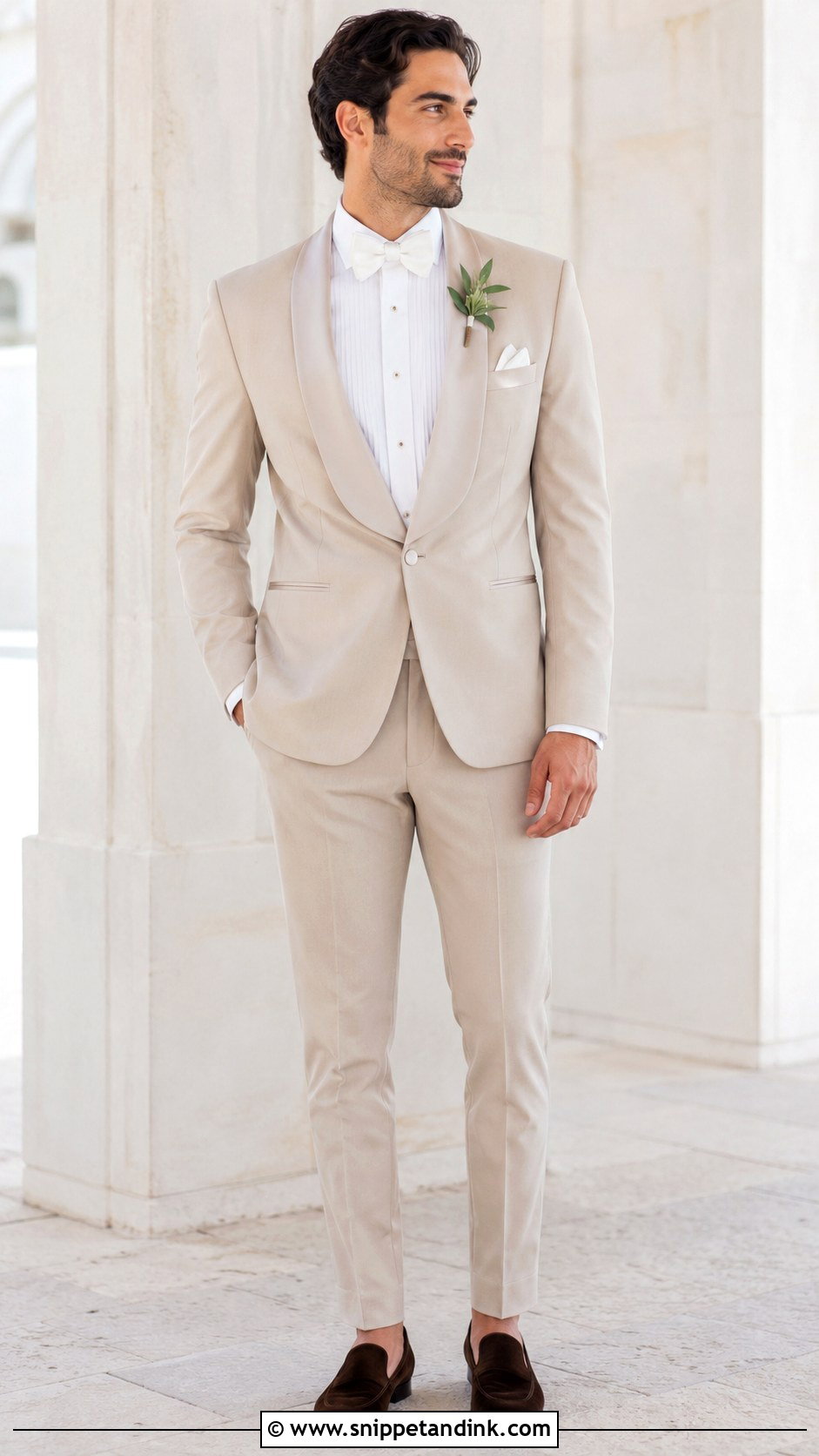 Beige Tuxedo With White Bow Tie - Snippet and Ink - 20 Beige Tuxedo Wedding Ideas