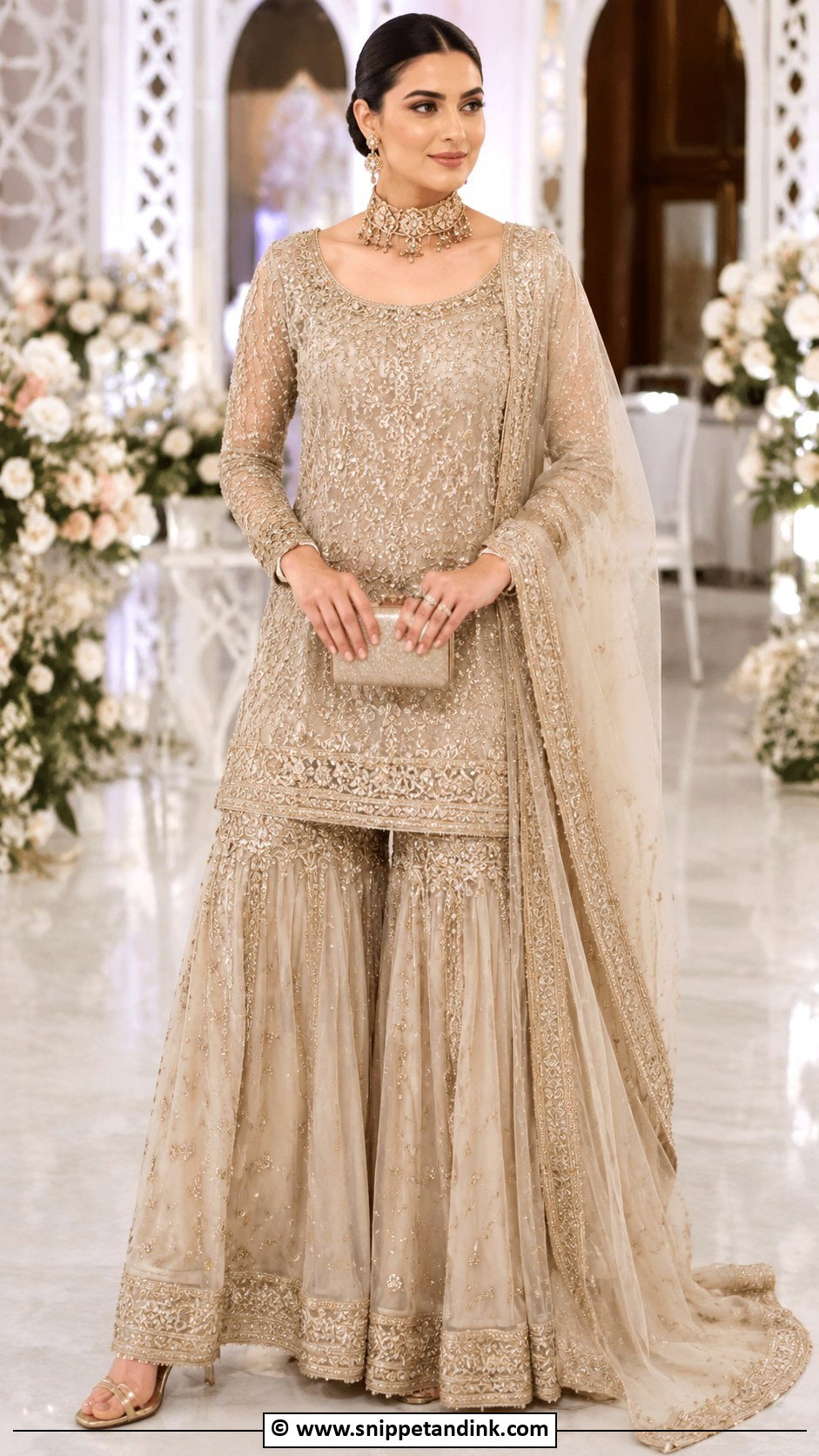 Beige Valima Bridal Sharara - Snippet and Ink - 30 Valima Bridal Dress Pakistan Ideas