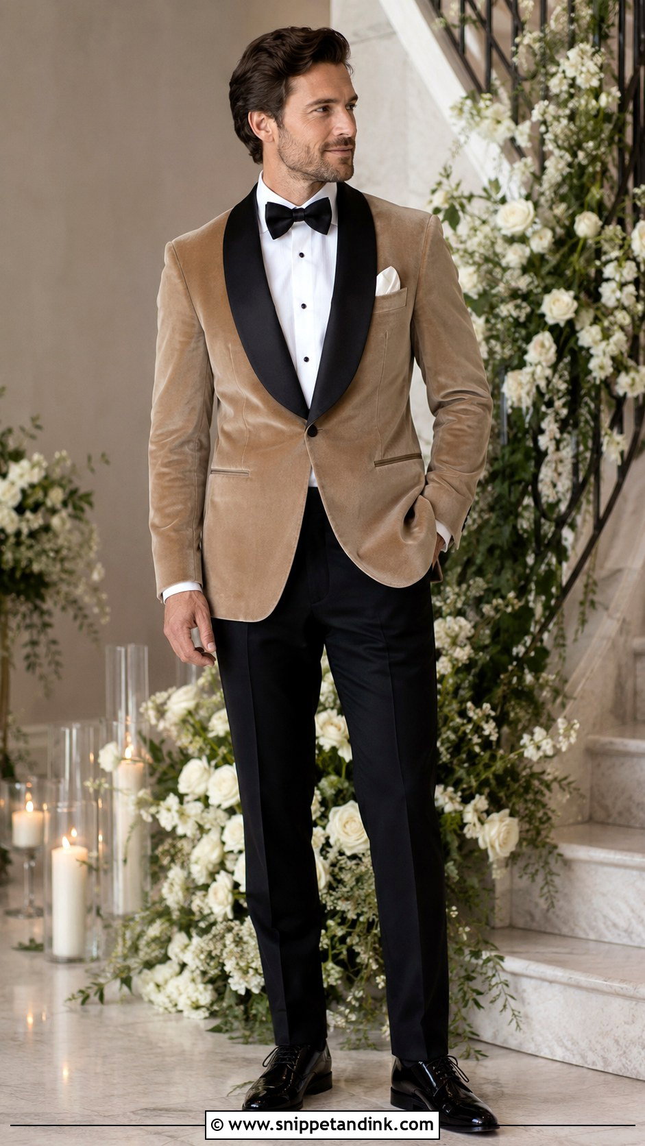 Beige Velvet Tuxedo Jacket - Snippet and Ink - 20 Beige Tuxedo Wedding Ideas
