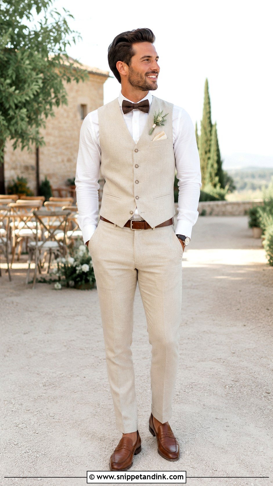Beige Vest With Brown Bow Tie - Snippet and Ink - 20 Bow Tie Wedding Ideas