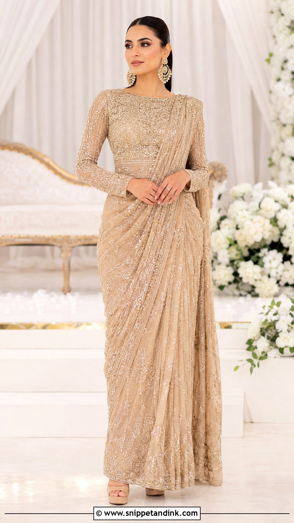 Beige Walima Bridal Saree Gown - Snippet and Ink - 25 Walima Bridal Dress Pakistan Ideas