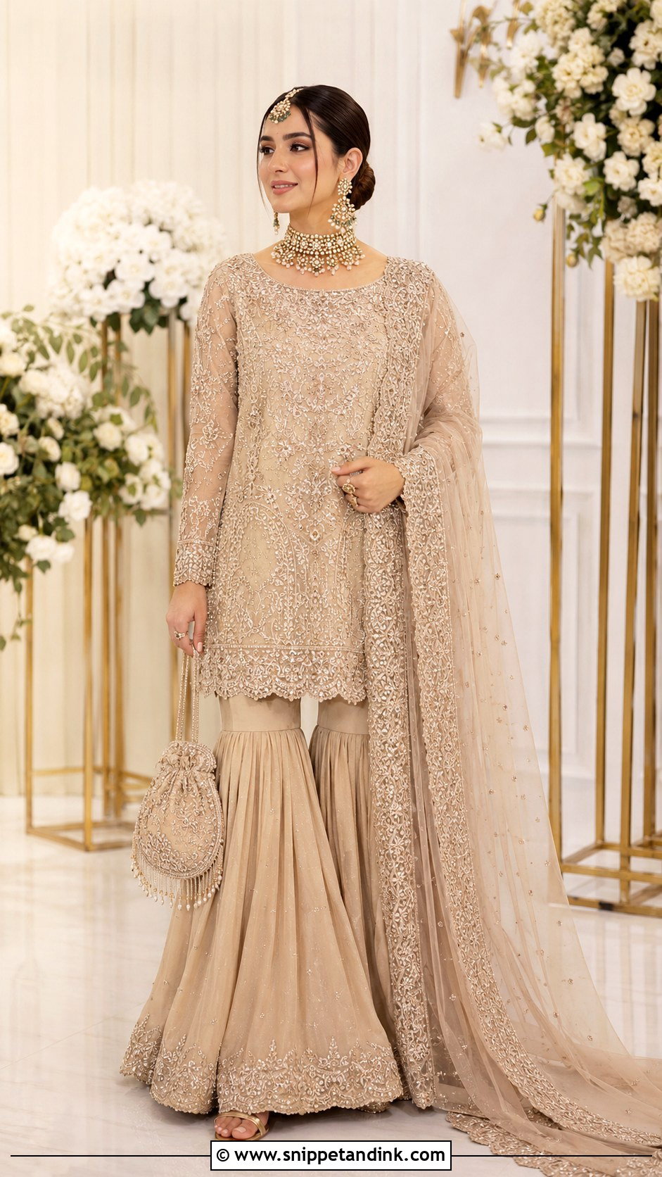 Beige Walima Bridal Sharara - Snippet and Ink - 30 Walima Bridal Look Ideas