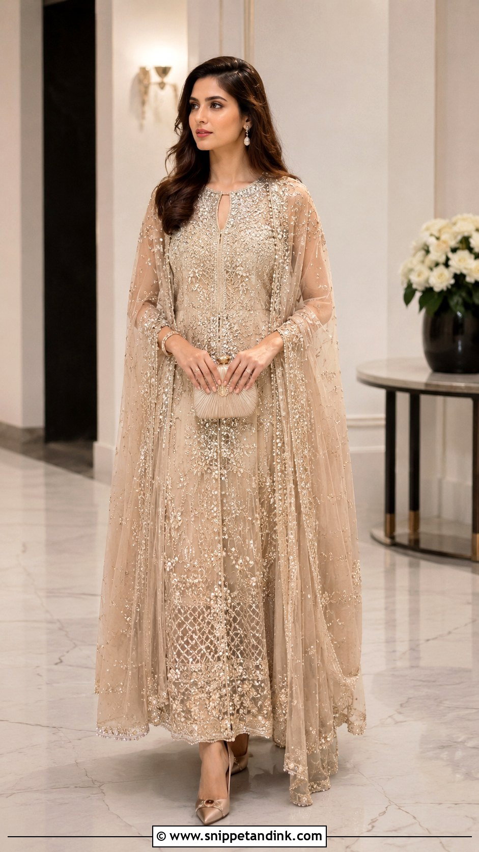 Beige Walima Cape Outfit - Snippet and Ink - 25 Walima Outfit Ideas