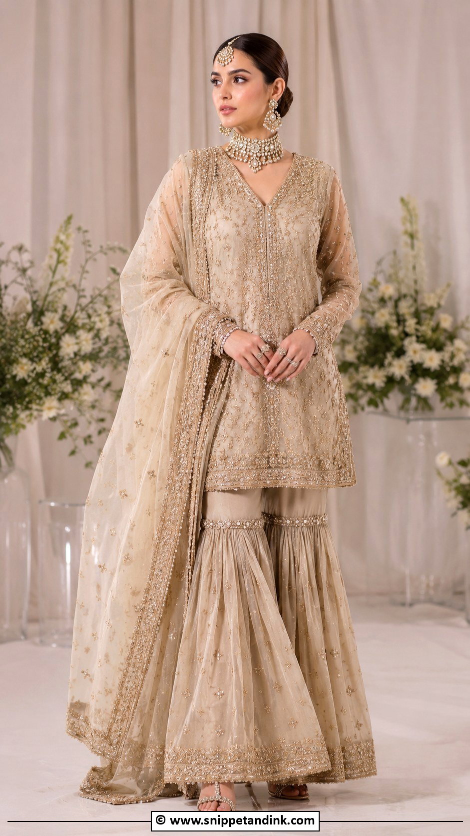 Beige Walima Gharara For Bride - Snippet and Ink - 30 Walima Outfits for Bride
