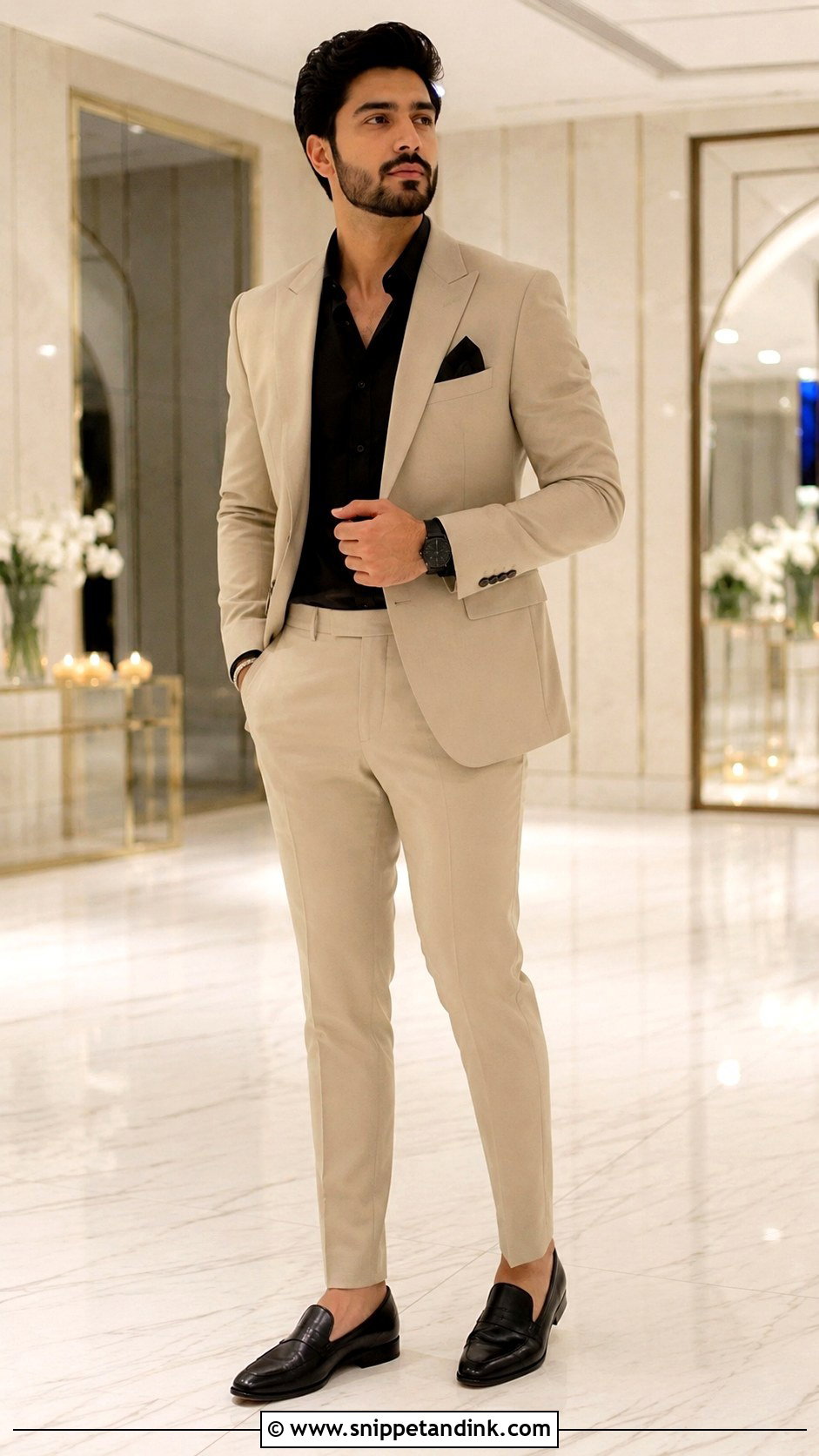 Beige Wedding Suit With Black Shirt - Snippet and Ink - 25 Beige Wedding Suit Ideas