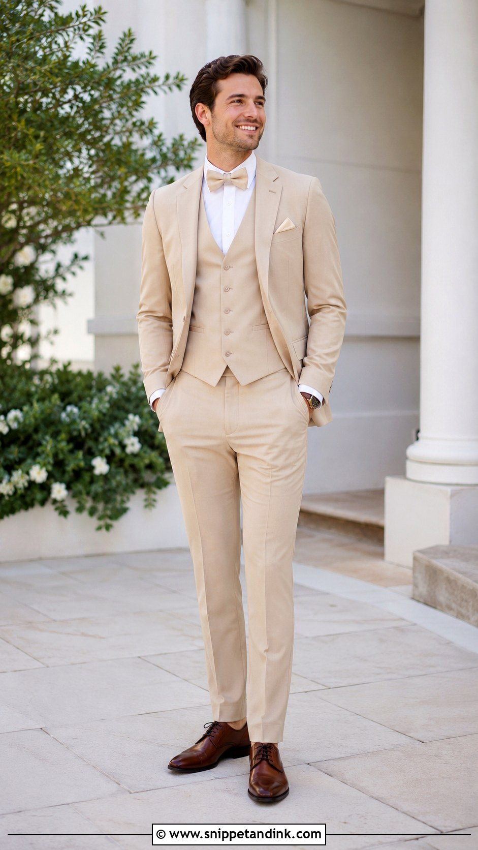 Beige Wedding Suit With Bow Tie - Snippet and Ink - 25 Beige Wedding Suit Ideas